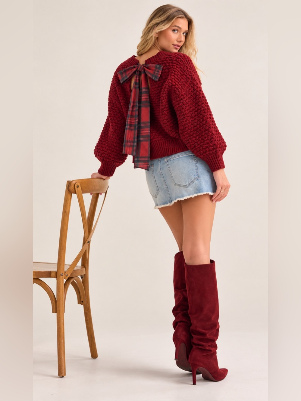 Altar'd State Red Chunky Knit Sweater with Tartan Bow Back